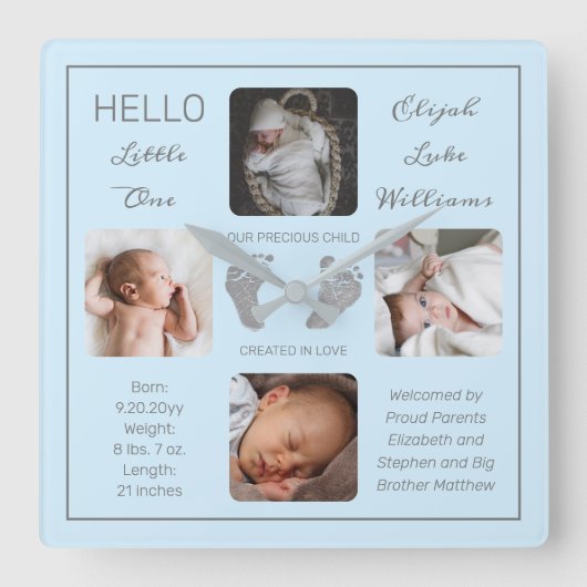 Hello Little One Baby Four Photo Square Wall Clock Vierkante Klok (Voorkant)