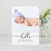 Hello Modern Script Birth Announcement Aankondiging (Staand voorkant)
