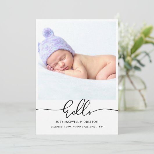 Hello Modern Script Birth Announcement Aankondiging (Staand voorkant)