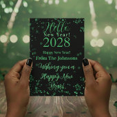 Hello New Year! Happy New Year Green Black Sparkle Feestdagenkaart
