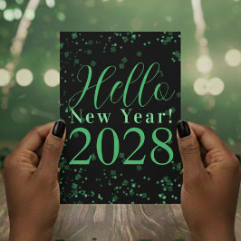 Hello New Year! Happy New Year Green Black Sparkle Feestdagenkaart