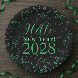 Hello New Year! New Year's Eve Green Black Sparkle Papieren Bordje