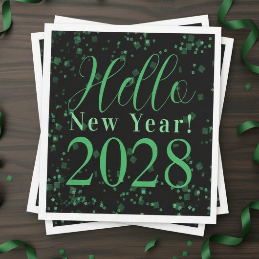 Hello New Year! New Year's Eve Green Black Sparkle Servet
