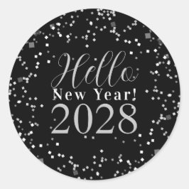 Hello New Year's Eve Black and Silver Sparkle Ronde Sticker
