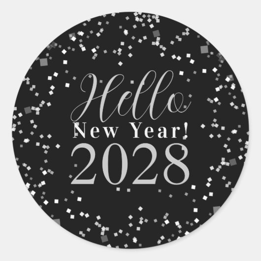 Hello New Year's Eve Black and Silver Sparkle Ronde Sticker (Voorkant)