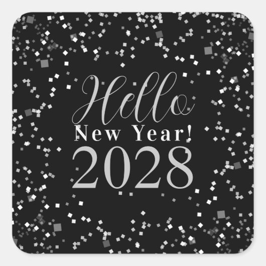 Hello New Year's Eve Black and Silver Sparkle Vierkante Sticker (Voorkant)