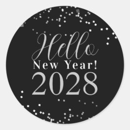 Hello New Year's Eve Party Black Silver Sparkle Ronde Sticker
