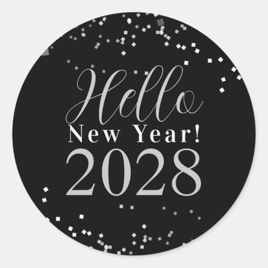 Hello New Year's Eve Party Black Silver Sparkle Ronde Sticker (Voorkant)