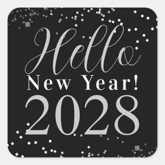 Hello New Year's Eve Party Black Silver Sparkle Vierkante Sticker (Voorkant)