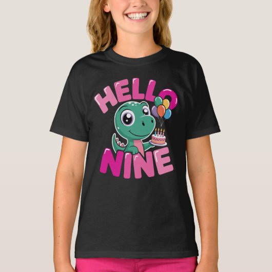 Hello Nine Dinosaur Birthday Girl Coquette Bow T-shirt (Voorkant)