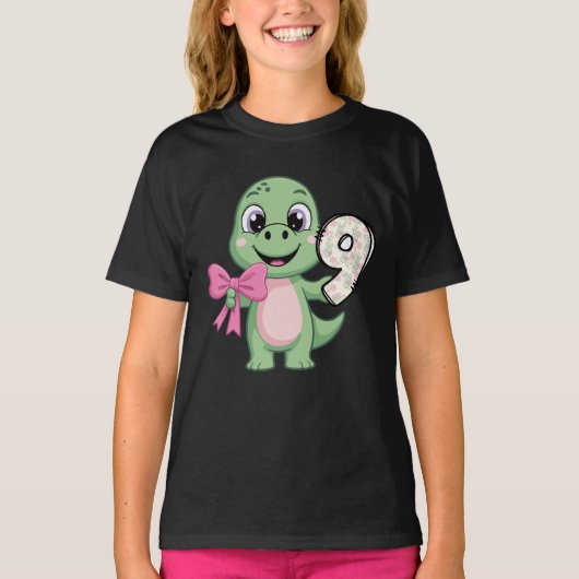 Hello Nine Dinosaur Birthday Girl Coquette Bow T-shirt (Voorkant)
