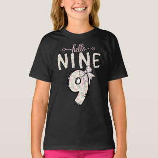 Hello Nine Pink 9th Birthday Girl Coquette Bow  T-shirt