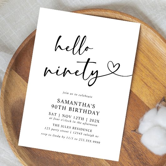 Hello Ninety Black and White 90th Birthday Party Kaart