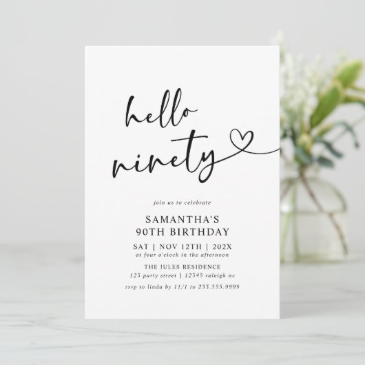 Hello Ninety Black and White 90th Birthday Party Kaart (Staand voorkant)