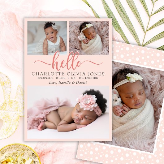 Hello Script Girl Birth Photo Collage Announcement Aankondiging