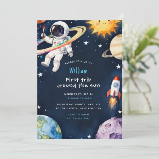 Hello Space First Trip Around The Sun 1st Birthday Kaart (Staand voorkant)