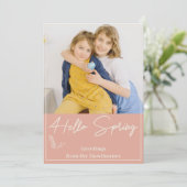 "Hello Spring" chic soft apricot custom Photo Feestdagenkaart (Staand voorkant)