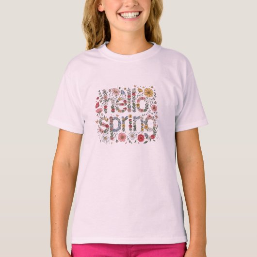 Hello Spring – Floral Lettering Design T-shirt (Voorkant)