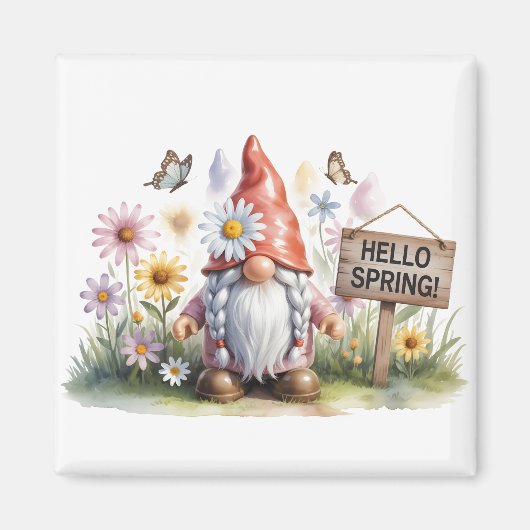 Hello Spring Garden Gnome: Cute Gnome with Braids Magneet (Voorkant)