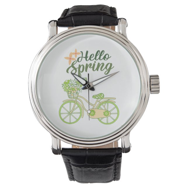 Hello Spring Vintage Bicycle Illustration  Horloge (Voorkant)