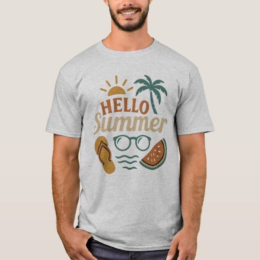 Hello Summer Retro Beach Shirt | Palm Tree & Water (Voorkant)