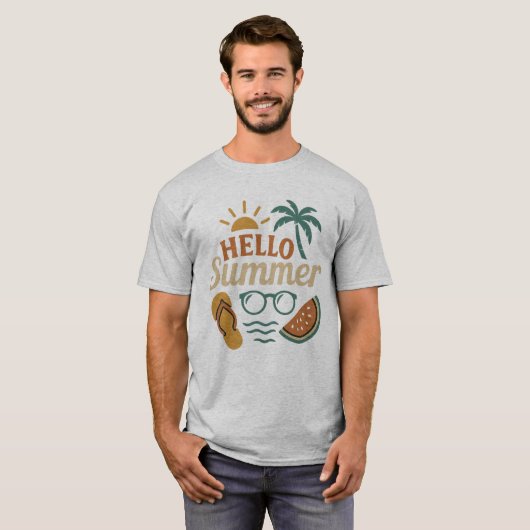 Hello Summer Retro Beach Shirt | Palm Tree & Water (Voorkant volledig)