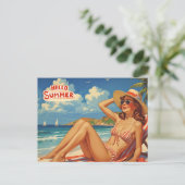 Hello Summer Retro Woman on the Beach  Briefkaart (Staand voorkant)