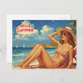 Hello Summer Retro Woman on the Beach  Briefkaart (Voorkant / Achterkant)