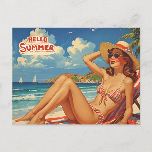Hello Summer Retro Woman on the Beach  Briefkaart (Voorkant)