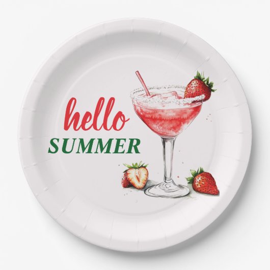 Hello Summer | Strawberry Cocktail Paper Plate Papieren Bordje (Voorkant)