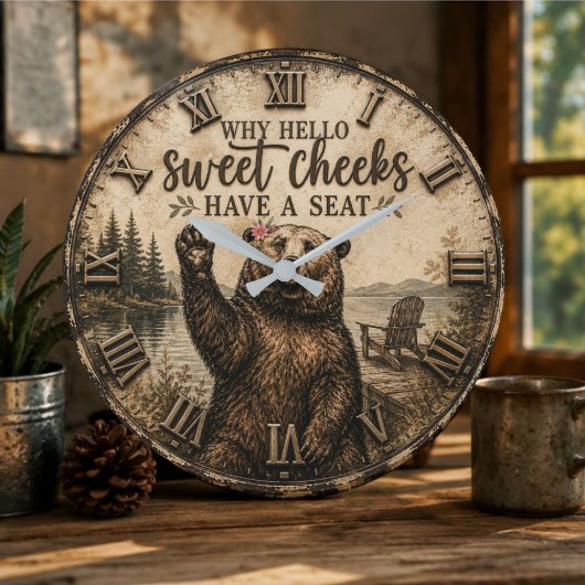Hello Sweet Cheeks Rustic Bear Funny Lake Cabin Grote Klok