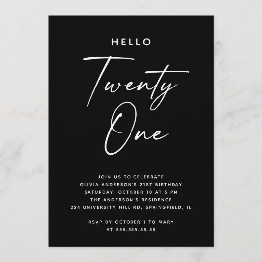 Hello Twenty One | Black Minimalist 21st Birthday Kaart (Voorkant)