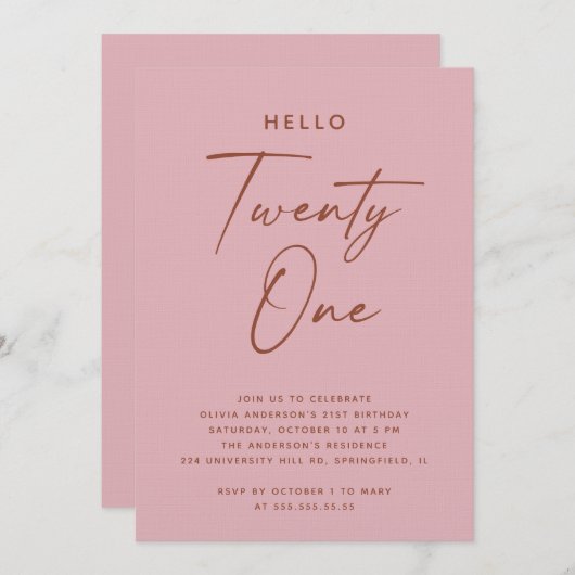 Hello Twenty One | Dusty Rose Pink 21st Birthday Kaart (Voorkant / Achterkant)