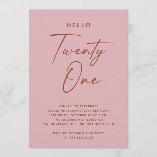 Hello Twenty One | Dusty Rose Pink 21st Birthday Kaart (Voorkant)