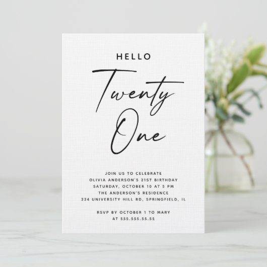 Hello Twenty One | Modern Script 21st Birthday Kaart (Staand voorkant)