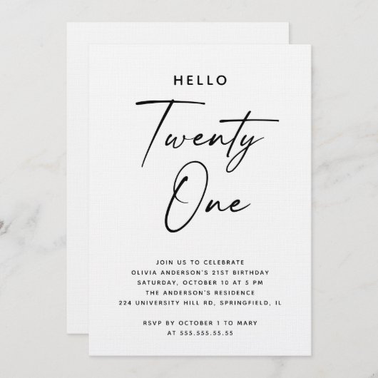 Hello Twenty One | Modern Script 21st Birthday Kaart (Voorkant / Achterkant)