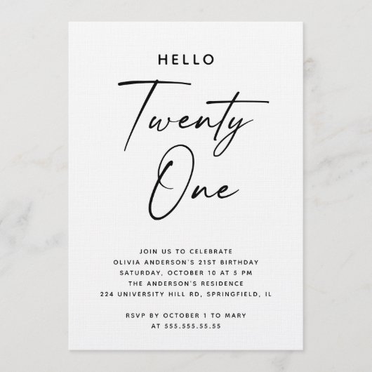 Hello Twenty One | Modern Script 21st Birthday Kaart (Voorkant)