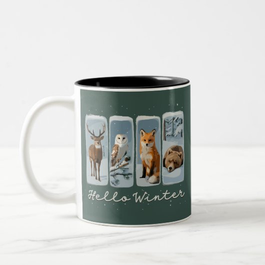 Hello Winter Animals Deer Owl Fox Bear Cozy Season Tweekleurige Koffiemok (Links)