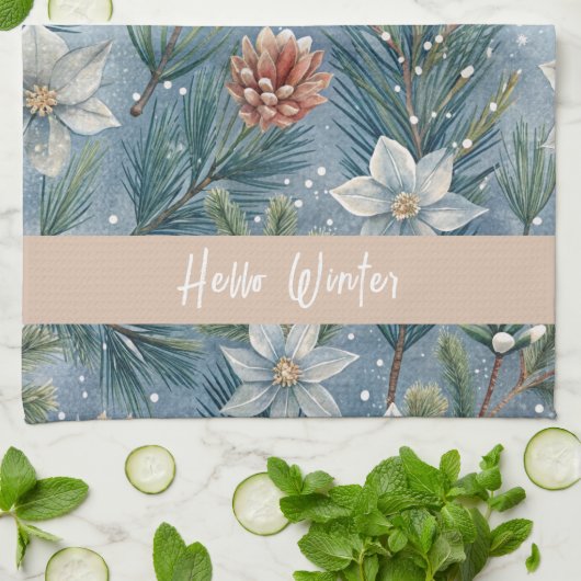 Hello Winter Pines & Flowers Theedoek (Gevouwen)