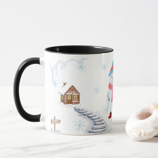 Hello Winter Snowman Mug • Cozy Snowy Landscape Wi Mok (Met donut)