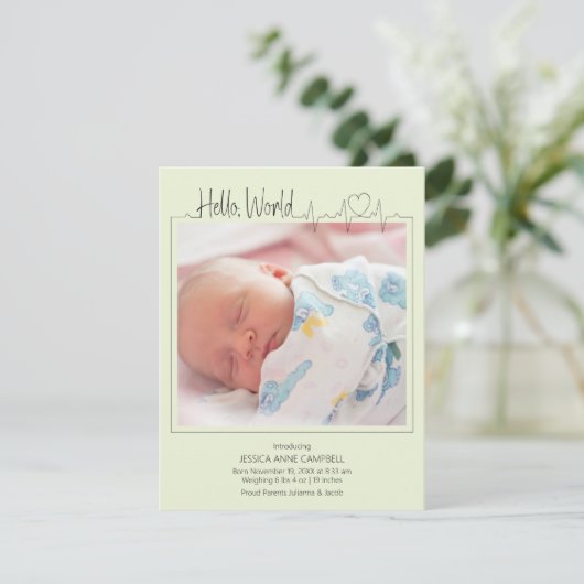Hello, World Baby Announcement Card Aankondiging (Staand voorkant)