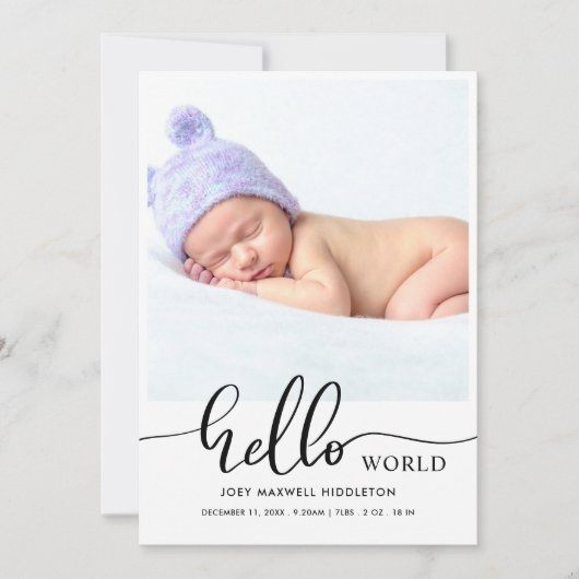 Hello World Modern Script Birth Announcement Aankondiging (Voorkant)