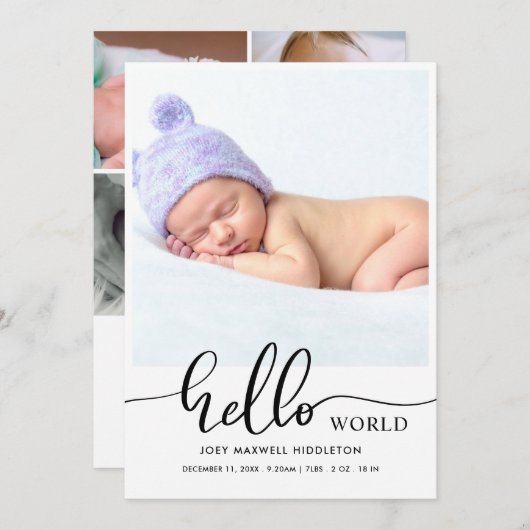 Hello World Modern Script Birth Announcement Aankondiging (Voorkant / Achterkant)