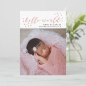 hello world | Roze Stippen Baby Foto Geboorteaanko Aankondiging (Staand voorkant)