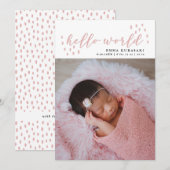 hello world | Roze Stippen Baby Foto Geboorteaanko Aankondiging (Voorkant / Achterkant)