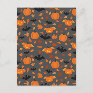 Helloweenpatroon   pompoen, vleermuis, herfstblade briefkaart