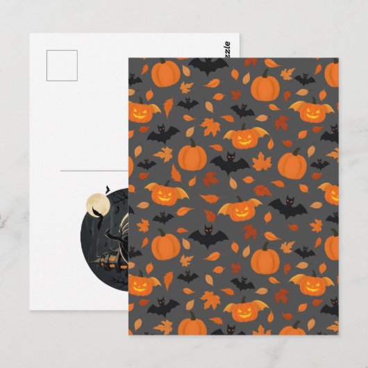 Helloweenpatroon | pompoen, vleermuis, herfstblade briefkaart (Voorkant / Achterkant)