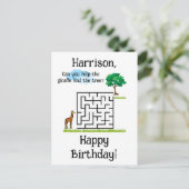 Help giraf vinden boom verjaardag doolhof puzzel briefkaart (Staand voorkant)