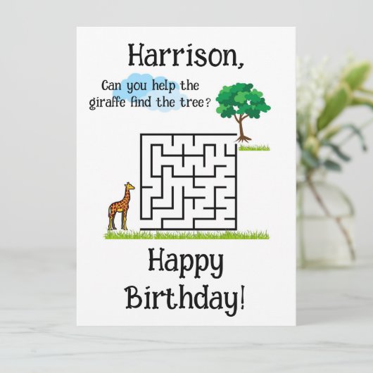 Help giraf vinden boom verjaardag doolhof puzzel kaart (Staand voorkant)