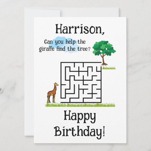 Help giraf vinden boom verjaardag doolhof puzzel kaart (Voorkant)